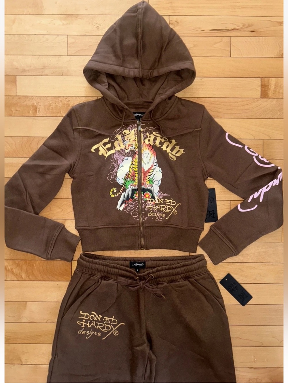 NEW! ED HARDY Tiger Mountain Y2K Hoodie & Pant Tracksuit in Cocoa Size S
